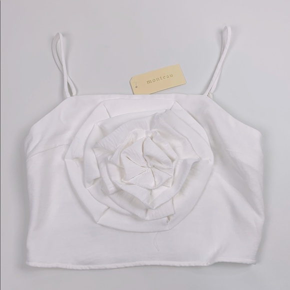 Monteau White Ruffle Floral Crop Tank Top Medium Stretch back Adjustable NWT - Picture 1 of 10